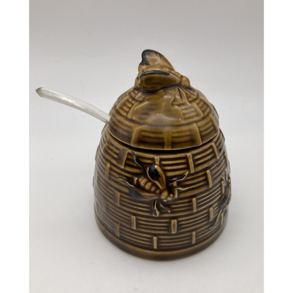 Small Bronze Colored Ceramic Honey Pot/ Embossed Bees Basket Weave With Spoon - Picture 1 of 6